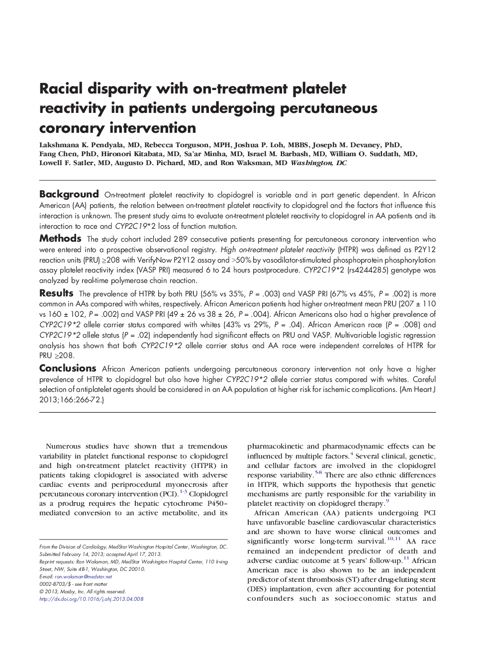 Racial disparity with on-treatment platelet reactivity in patients undergoing percutaneous coronary intervention