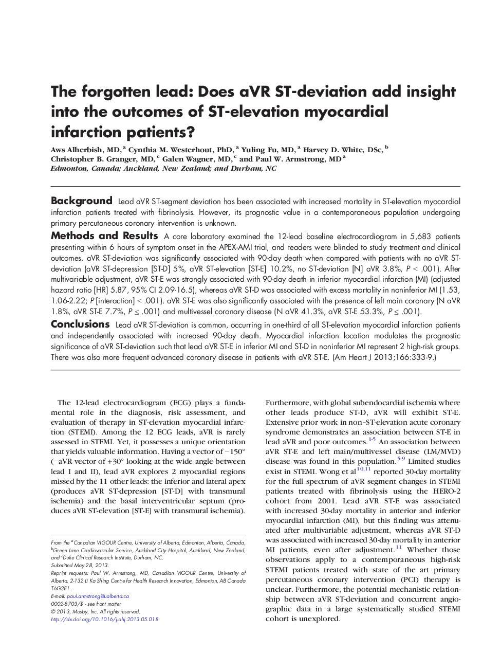 The forgotten lead: Does aVR ST-deviation add insight into the outcomes of ST-elevation myocardial infarction patients?