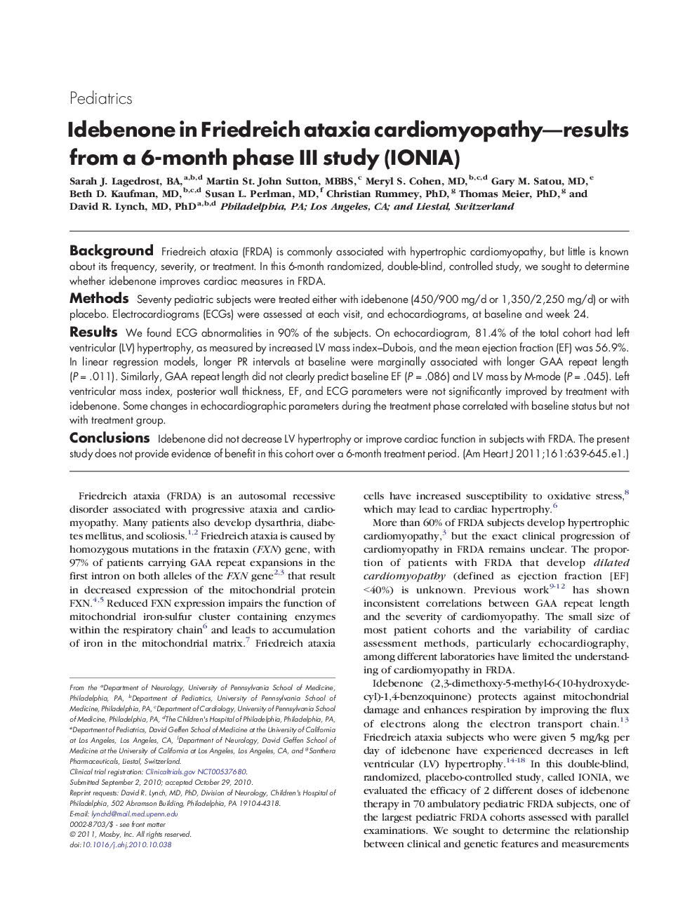 Idebenone in Friedreich ataxia cardiomyopathy-results from a 6-month phase III study (IONIA)