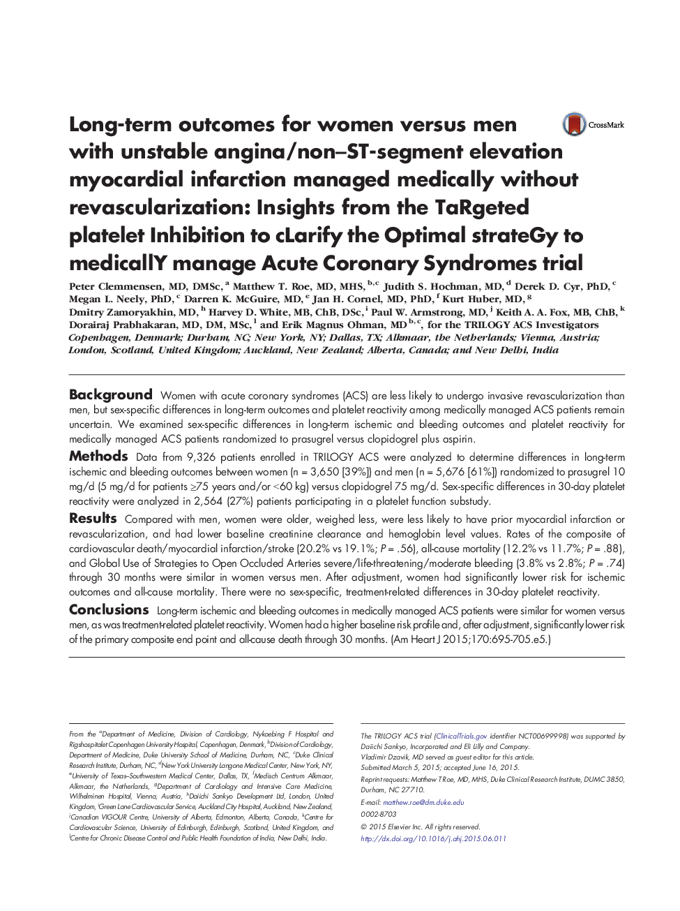 Long-term outcomes for women versus men with unstable angina/non-ST-segment elevation myocardial infarction managed medically without revascularization: Insights from the TaRgeted platelet Inhibition to cLarify the Optimal strateGy to medicallY manage A