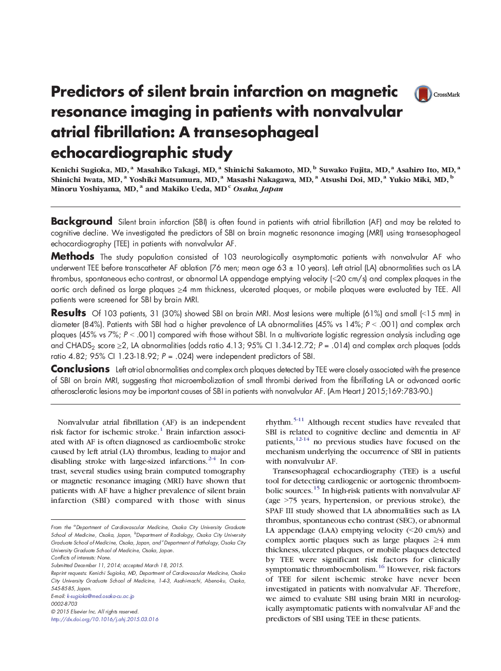 Predictors of silent brain infarction on magnetic resonance imaging in patients with nonvalvular atrial fibrillation: A transesophageal echocardiographic study