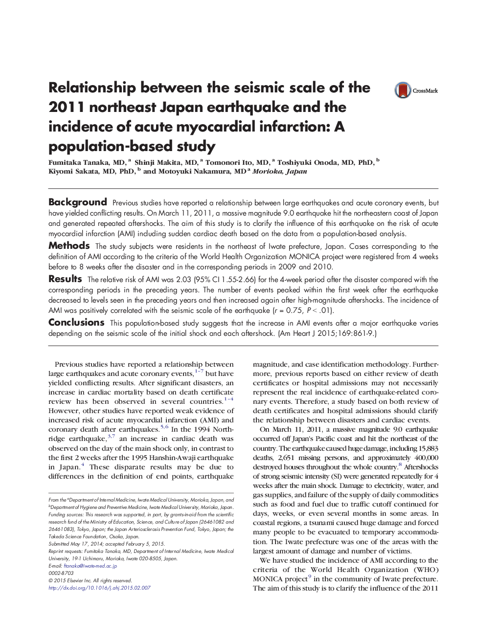 Relationship between the seismic scale of the 2011 northeast Japan earthquake and the incidence of acute myocardial infarction: A population-based study