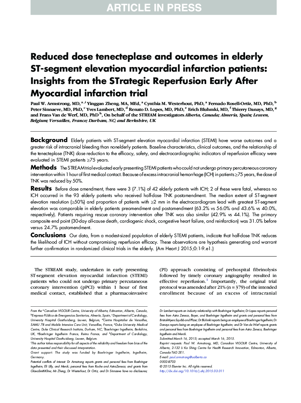 Reduced dose tenecteplase and outcomes in elderly ST-segment elevation myocardial infarction patients: Insights from the STrategic Reperfusion Early After Myocardial infarction trial