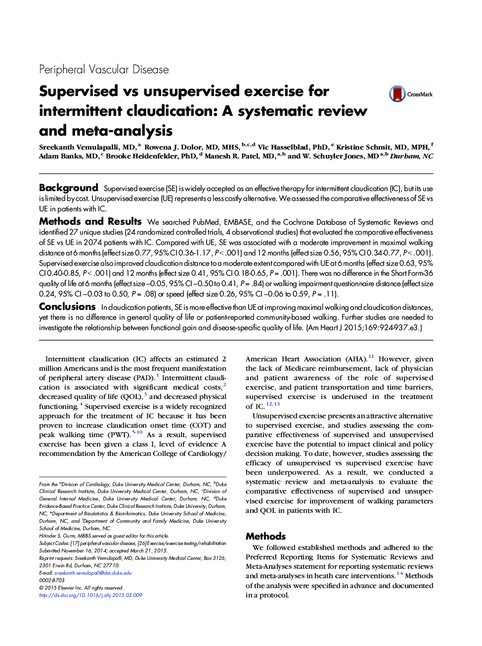 Supervised vs unsupervised exercise for intermittent claudication: A systematic review and meta-analysis