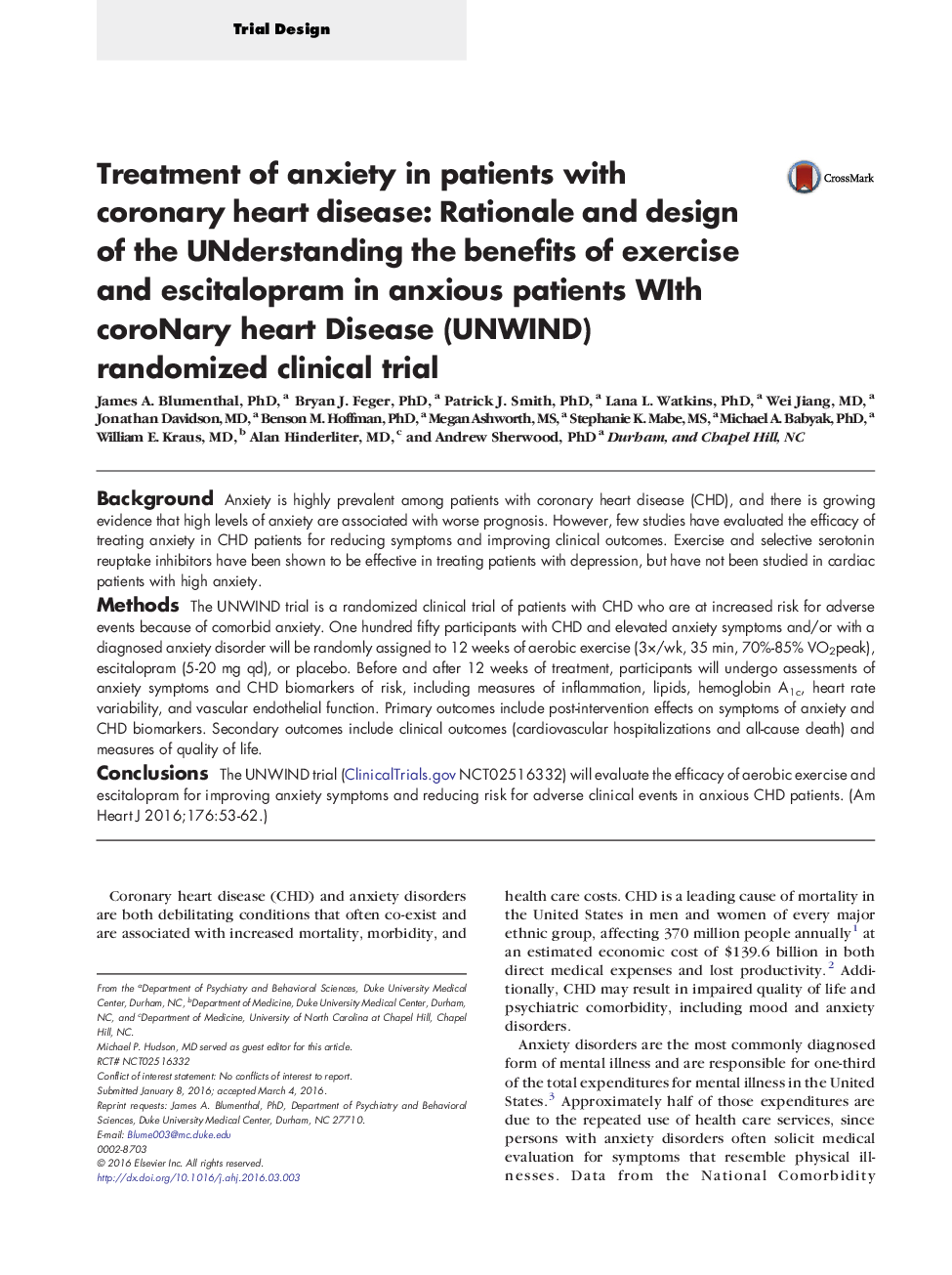 Treatment of anxiety in patients with coronary heart disease: Rationale and design of the UNderstanding the benefits of exercise and escitalopram in anxious patients WIth coroNary heart Disease (UNWIND) randomized clinical trial