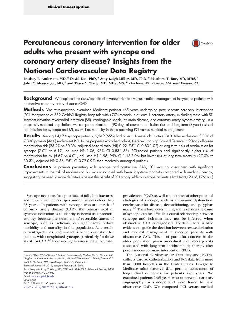 Clinical InvestigationPercutaneous coronary intervention for older adults who present with syncope and coronary artery disease? Insights from the National Cardiovascular Data Registry