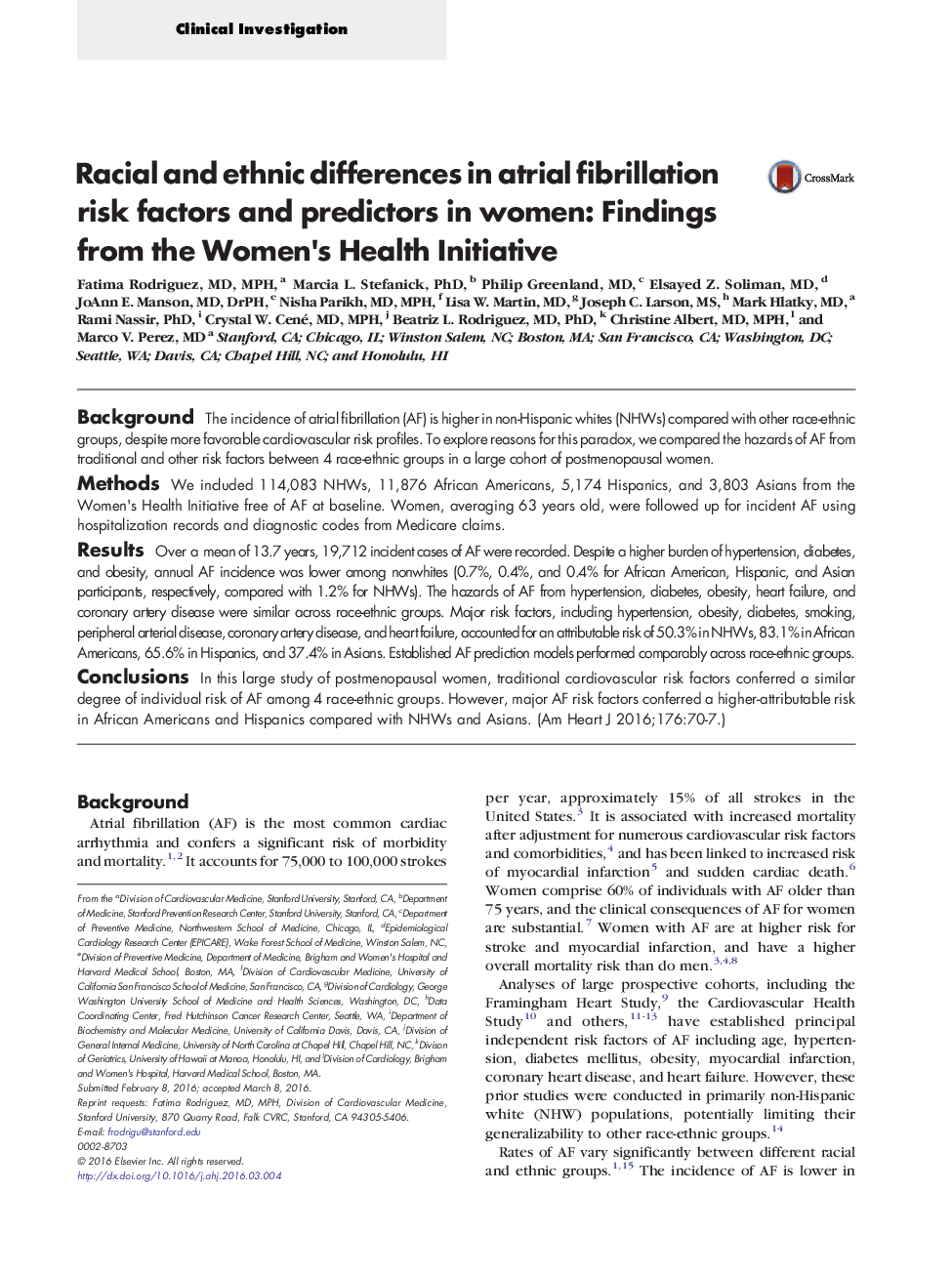 Clinical InvestigationRacial and ethnic differences in atrial fibrillation risk factors and predictors in women: Findings from the Women's Health Initiative