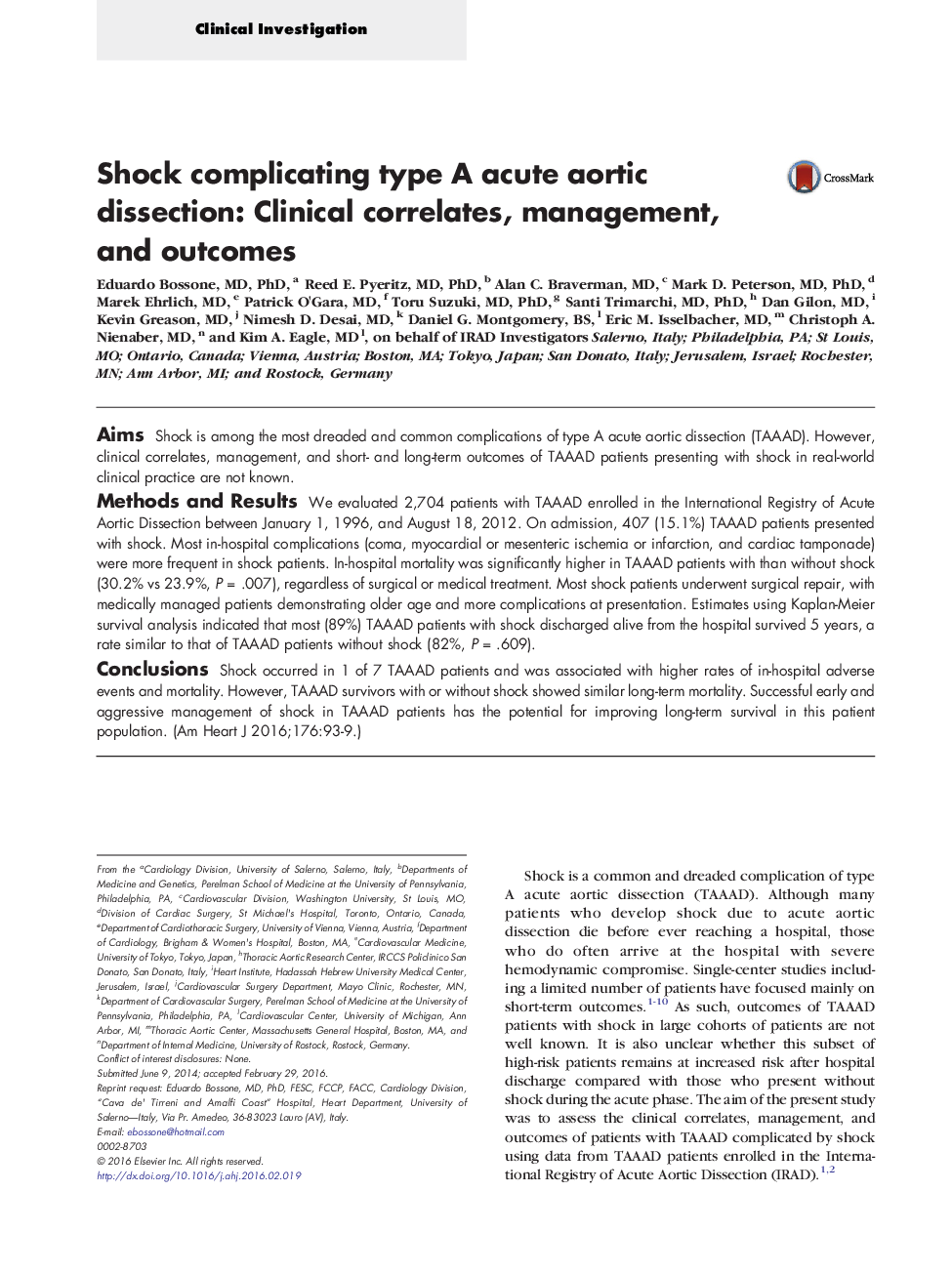 Clinical InvestigationShock complicating type A acute aortic dissection: Clinical correlates, management, and outcomes