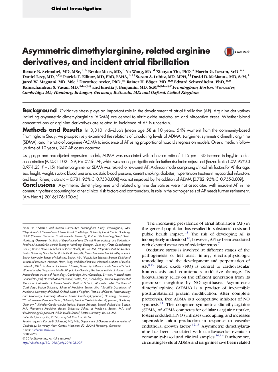 Asymmetric dimethylarginine, related arginine derivatives, and incident atrial fibrillation