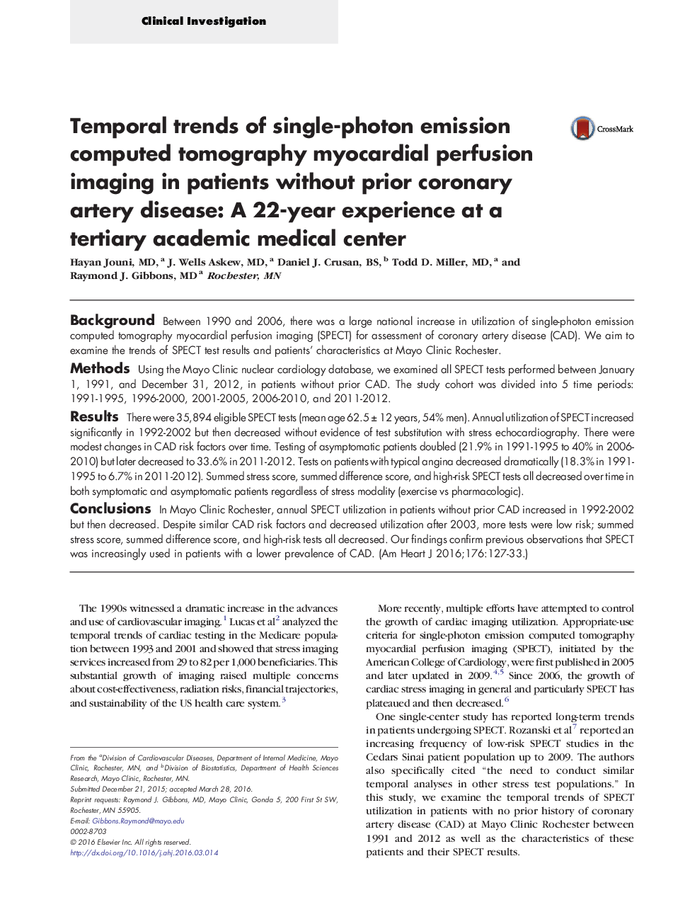 Temporal trends of single-photon emission computed tomography myocardial perfusion imaging in patients without prior coronary artery disease: A 22-year experience at a tertiary academic medical center
