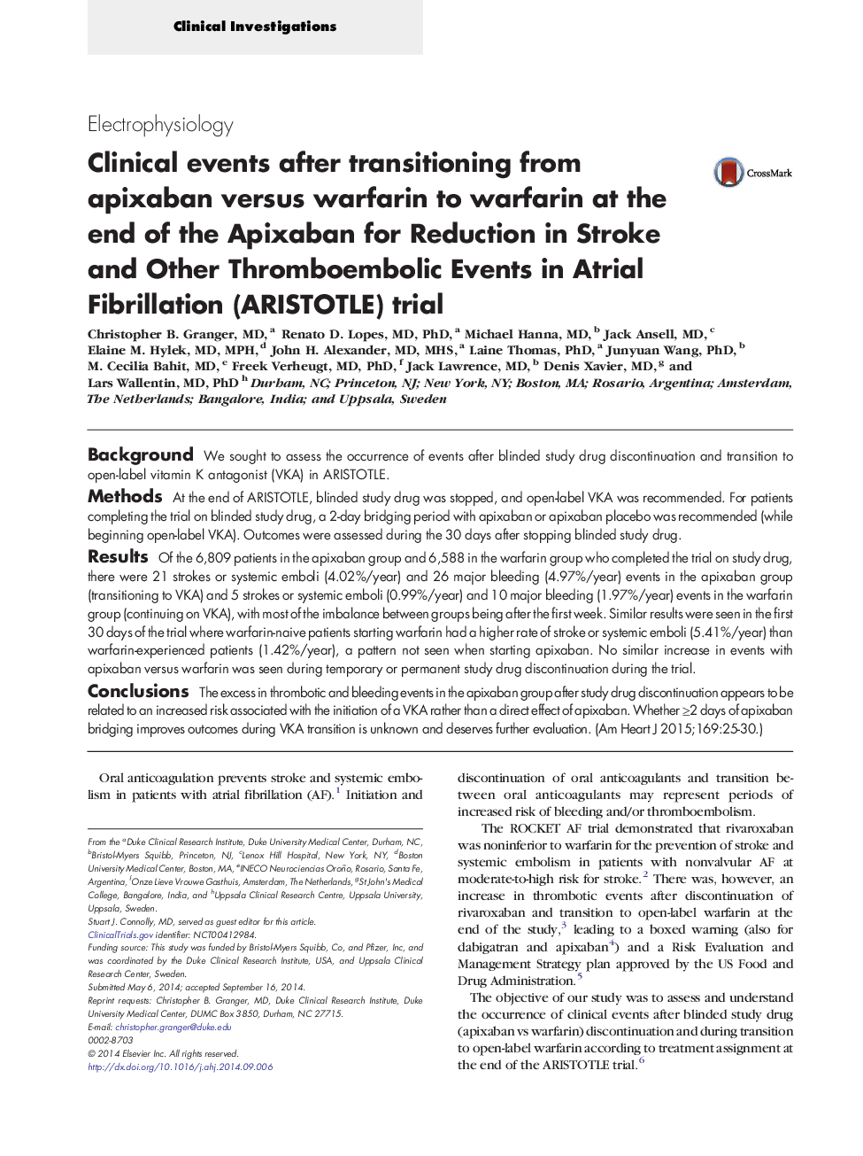 Clinical events after transitioning from apixaban versus warfarin to warfarin at the end of the Apixaban for Reduction in Stroke and Other Thromboembolic Events in Atrial Fibrillation (ARISTOTLE) trial