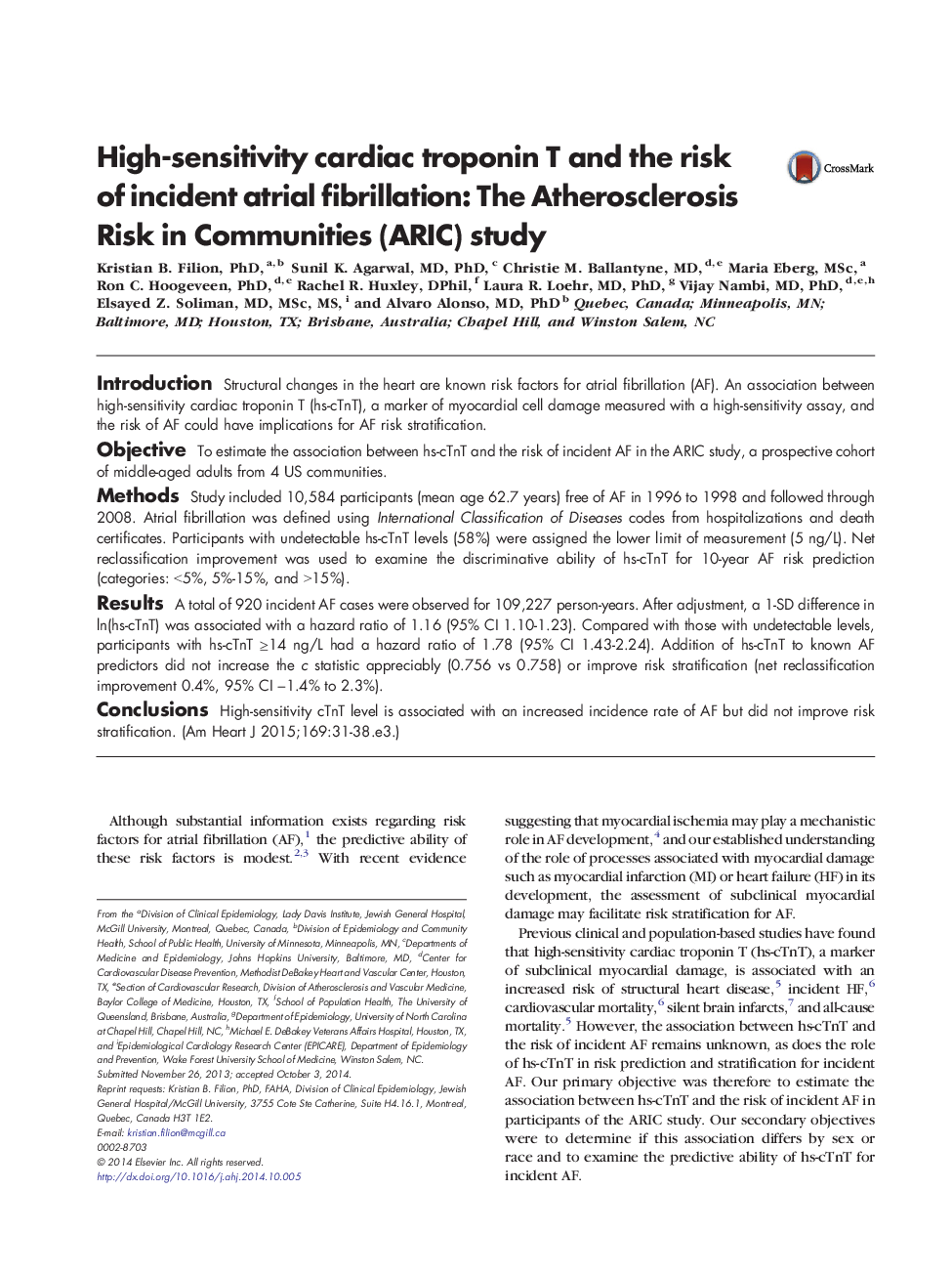 High-sensitivity cardiac troponin T and the risk of incident atrial fibrillation: The Atherosclerosis Risk in Communities (ARIC) study