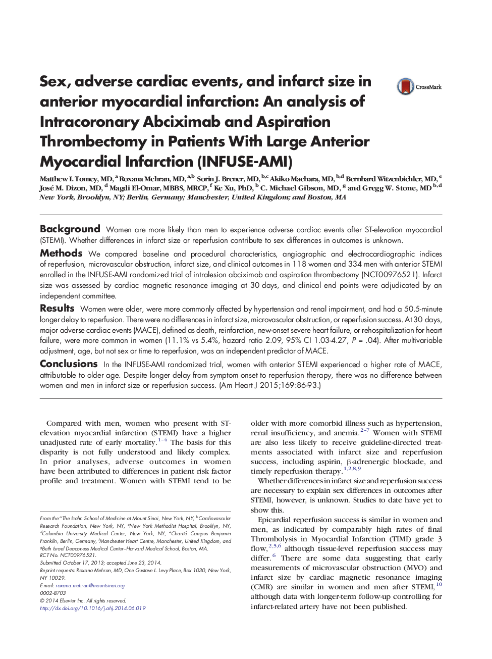 Sex, adverse cardiac events, and infarct size in anterior myocardial infarction: An analysis of Intracoronary Abciximab and Aspiration Thrombectomy in Patients With Large Anterior Myocardial Infarction (INFUSE-AMI)