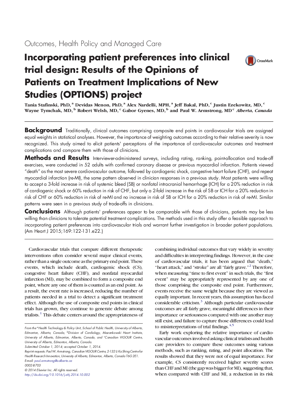 Incorporating patient preferences into clinical trial design: Results of the Opinions of Patients on Treatment Implications of New Studies (OPTIONS) project