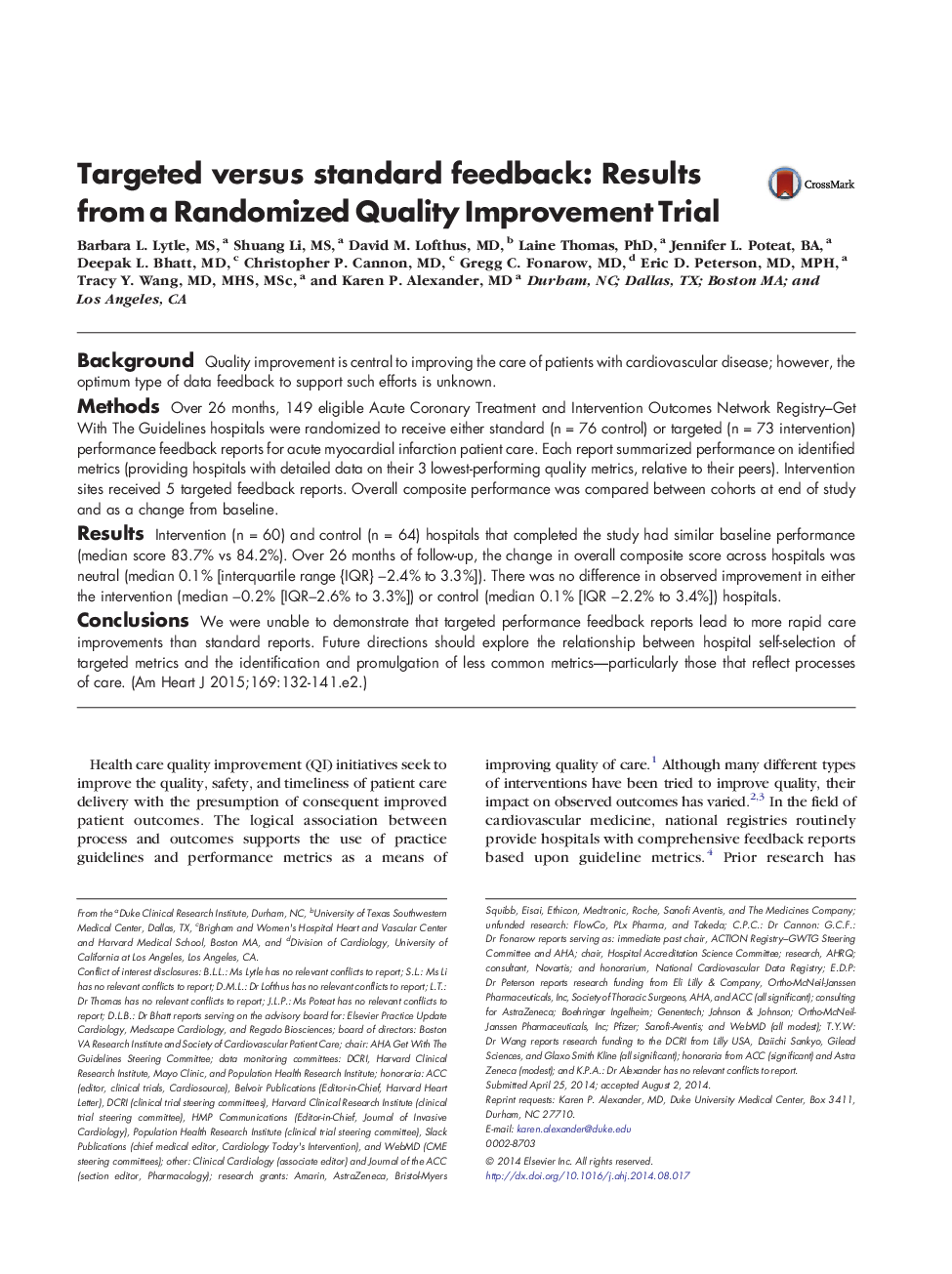 Targeted versus standard feedback: Results from a Randomized Quality Improvement Trial