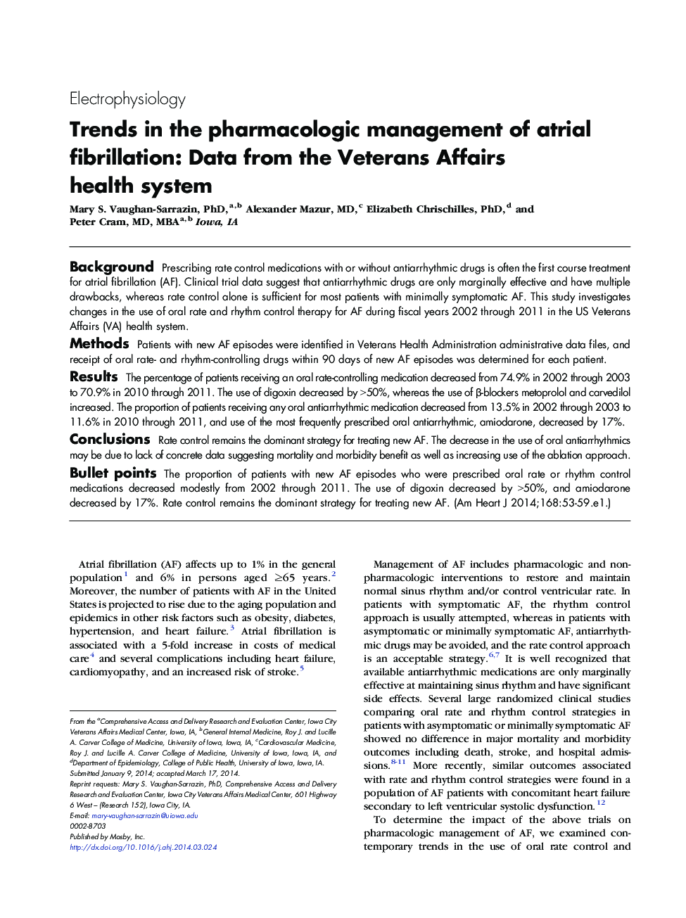 Trends in the pharmacologic management of atrial fibrillation: Data from the Veterans Affairs health system
