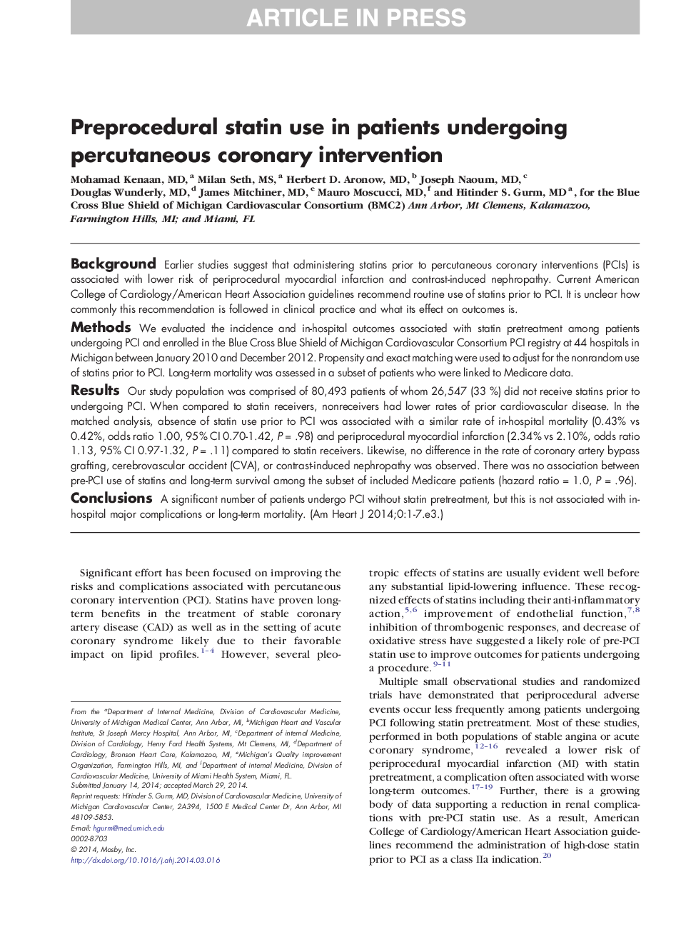 Preprocedural statin use in patients undergoing percutaneous coronary intervention