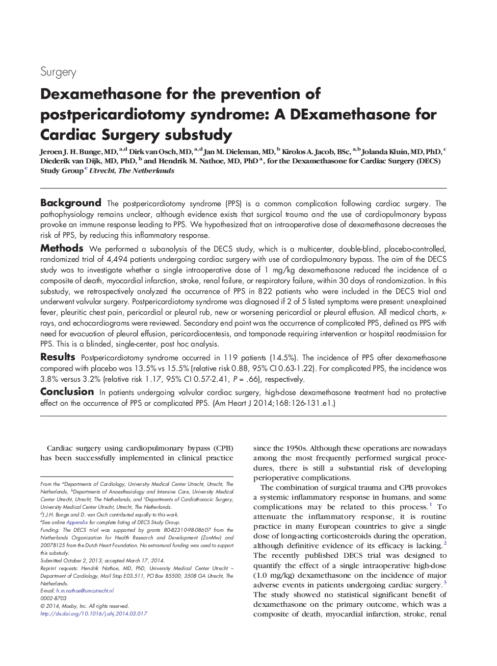 Clinical InvestigationSurgeryDexamethasone for the prevention of postpericardiotomy syndrome: A DExamethasone for Cardiac Surgery substudy
