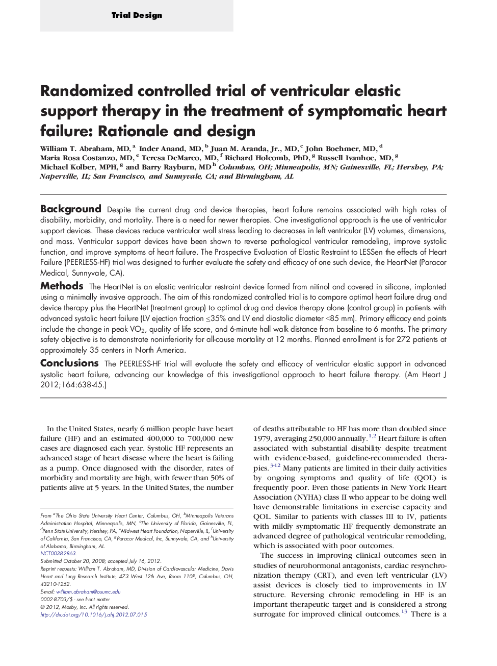 Randomized controlled trial of ventricular elastic support therapy in the treatment of symptomatic heart failure: Rationale and design