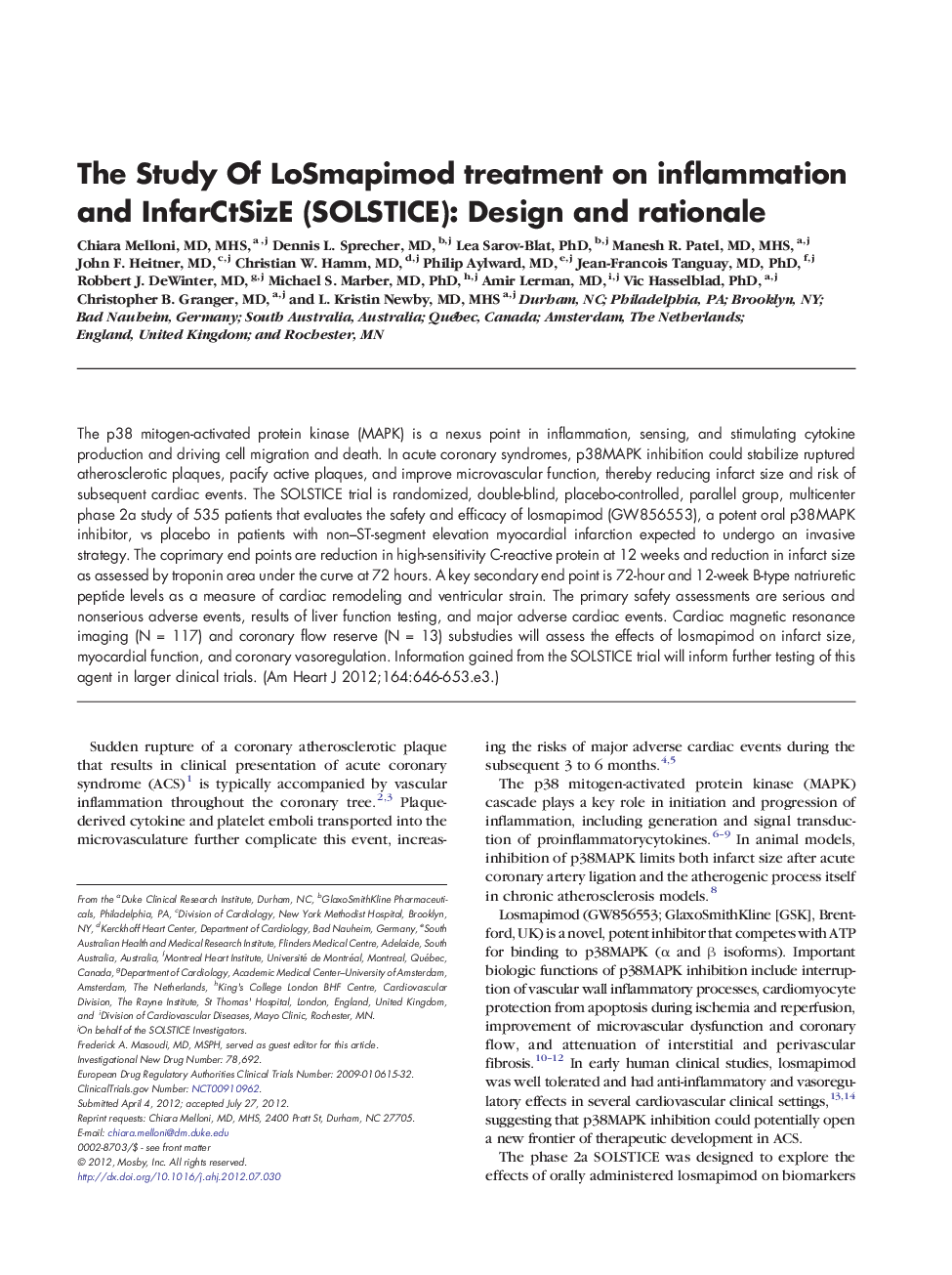 Trial DesignThe Study Of LoSmapimod treatment on inflammation and InfarCtSizE (SOLSTICE): Design and rationale