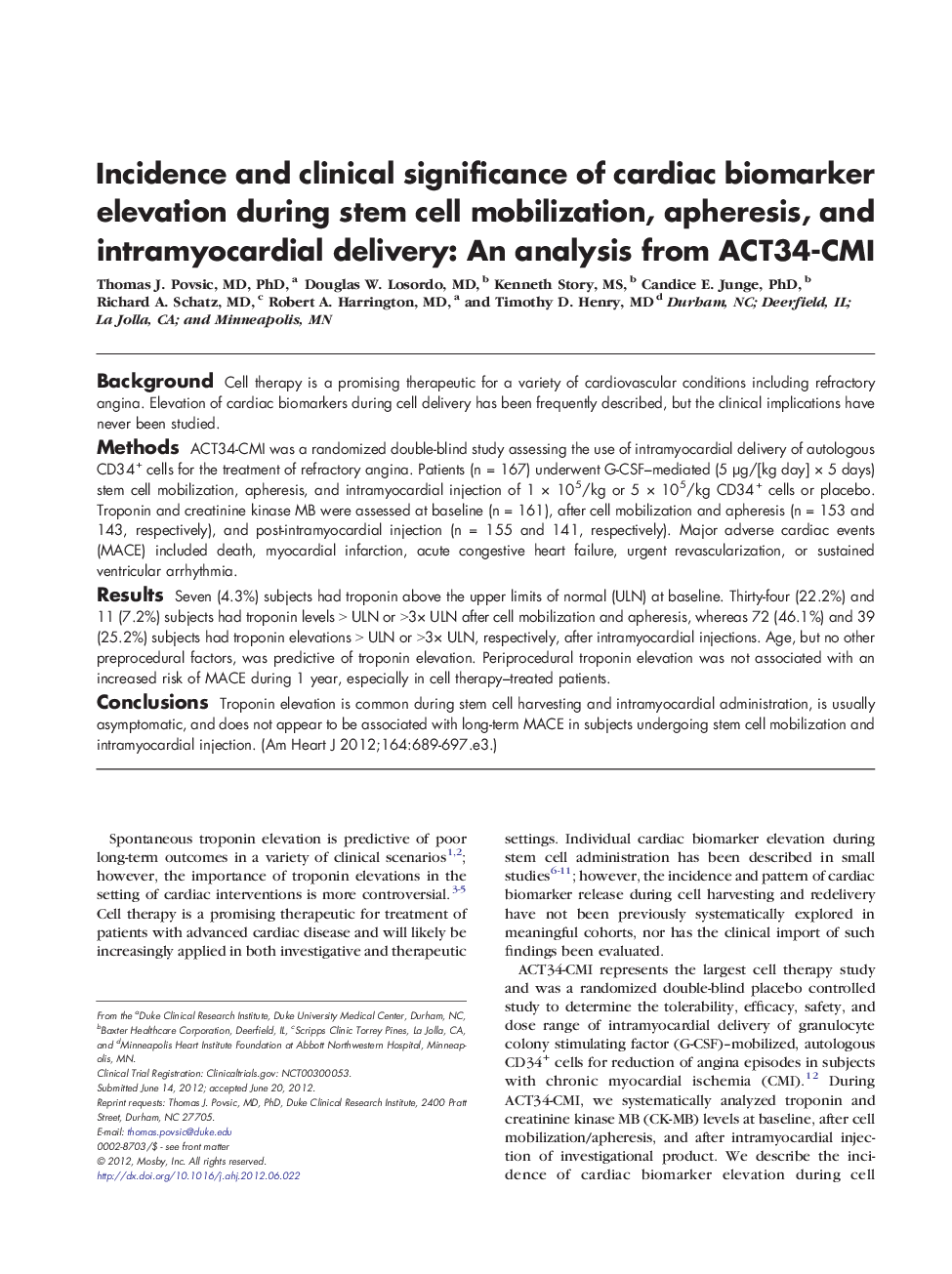 Incidence and clinical significance of cardiac biomarker elevation during stem cell mobilization, apheresis, and intramyocardial delivery: An analysis from ACT34-CMI