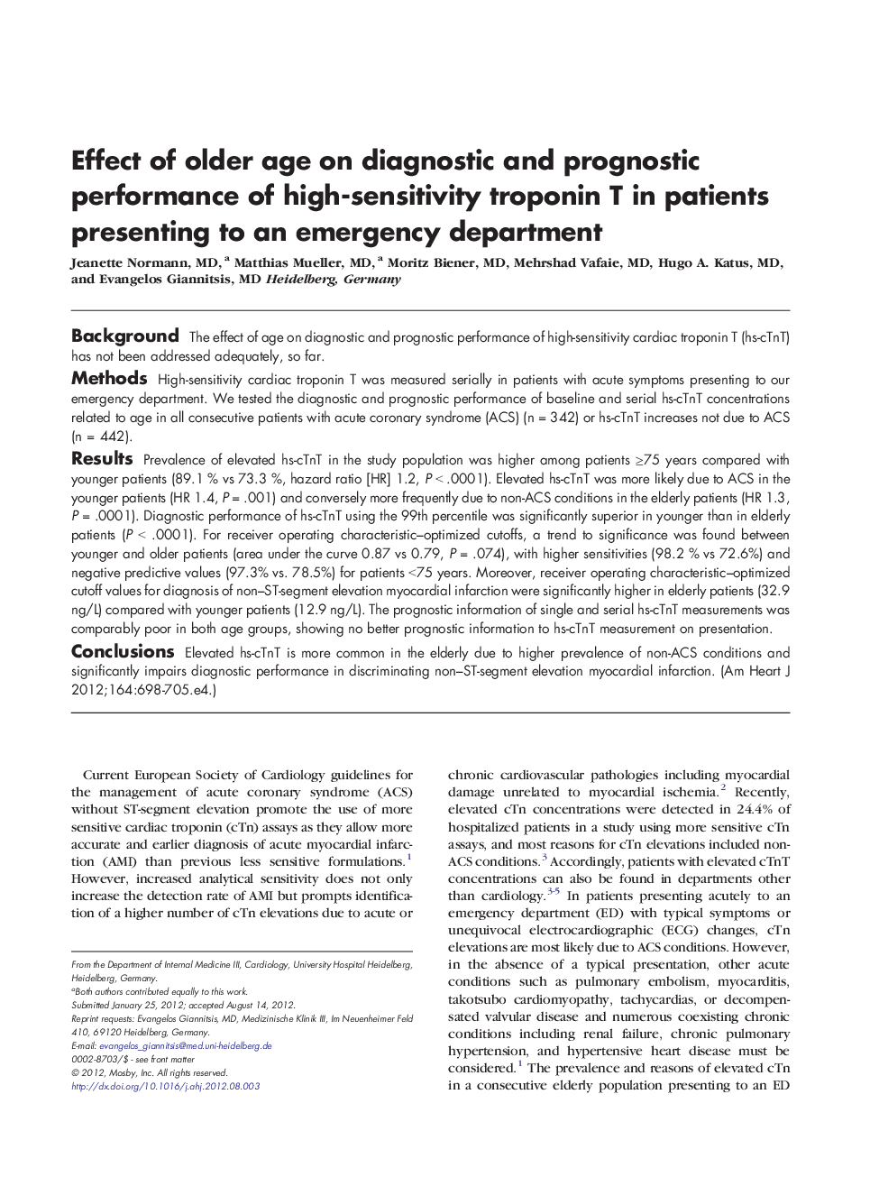 Effect of older age on diagnostic and prognostic performance of high-sensitivity troponin T in patients presenting to an emergency department