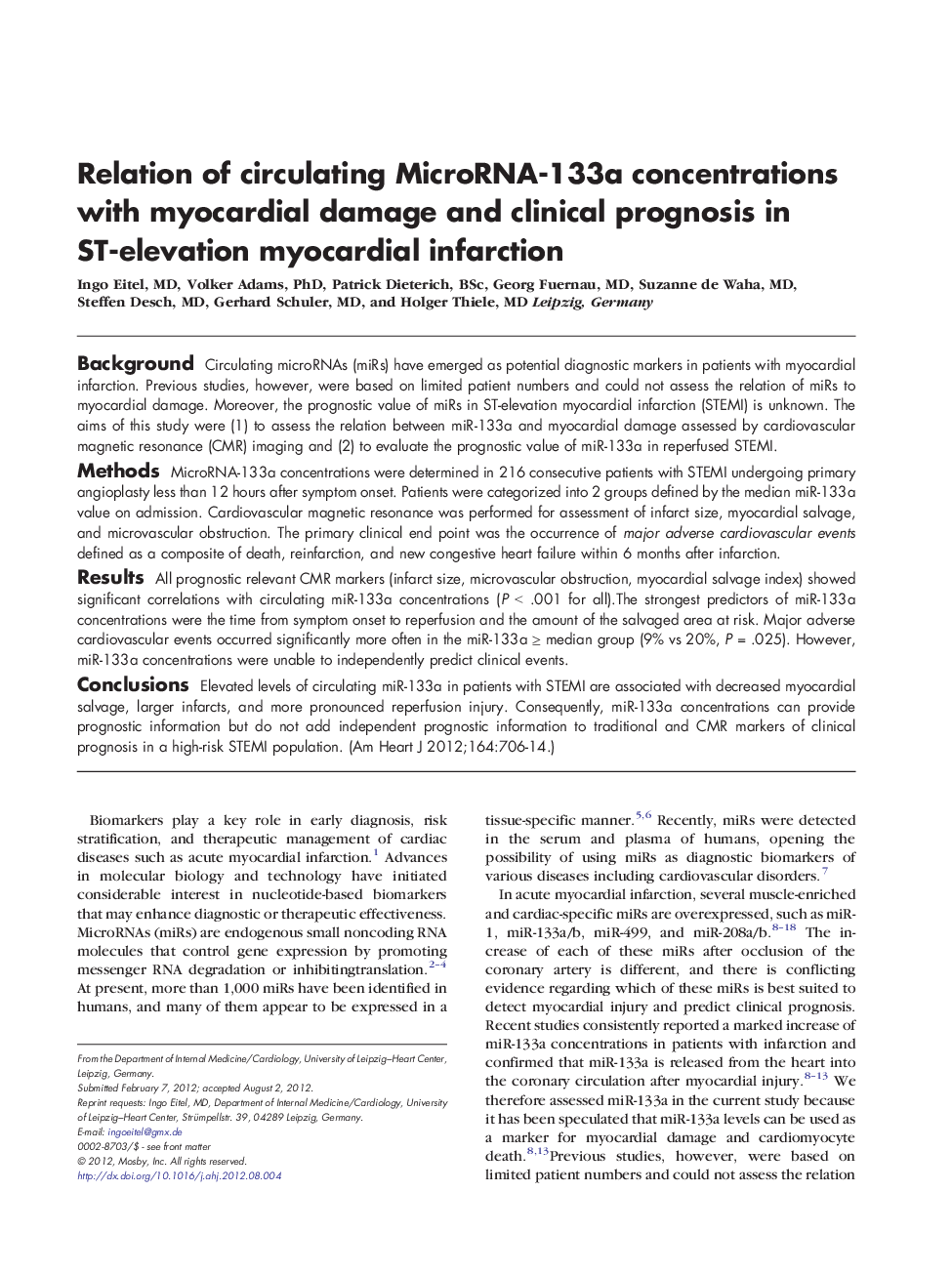 Relation of circulating MicroRNA-133a concentrations with myocardial damage and clinical prognosis in ST-elevation myocardial infarction