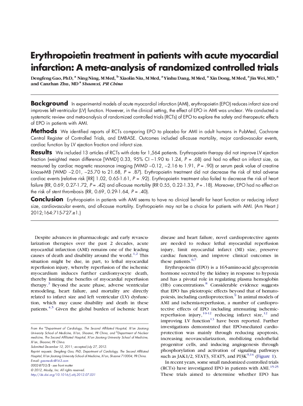 Erythropoietin treatment in patients with acute myocardial infarction: A meta-analysis of randomized controlled trials