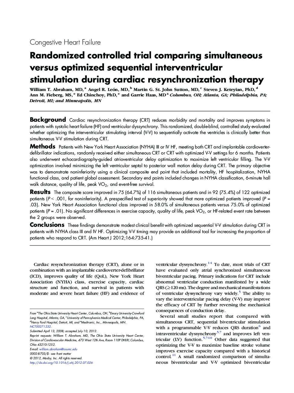 Randomized controlled trial comparing simultaneous versus optimized sequential interventricular stimulation during cardiac resynchronization therapy