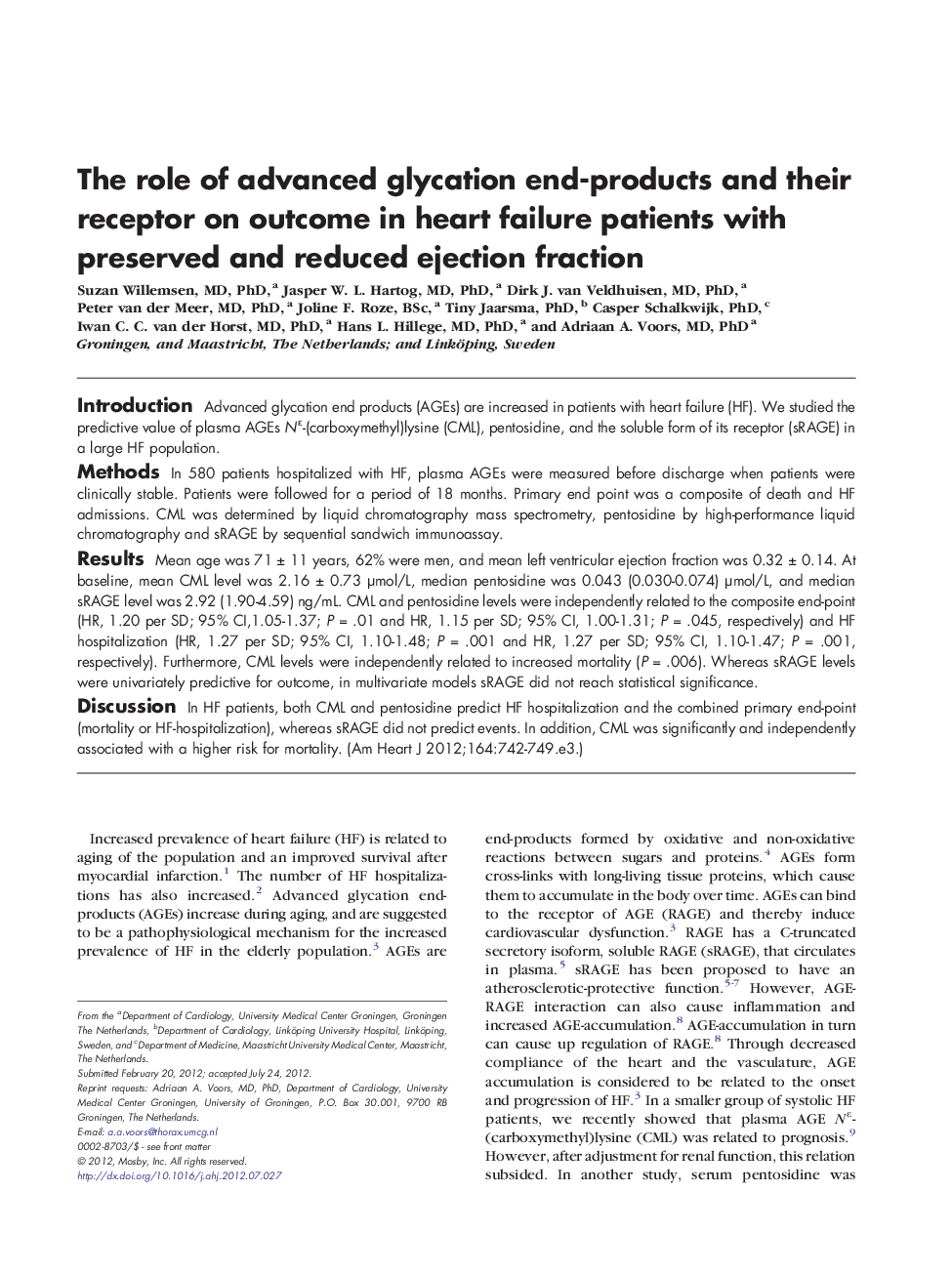 The role of advanced glycation end-products and their receptor on outcome in heart failure patients with preserved and reduced ejection fraction