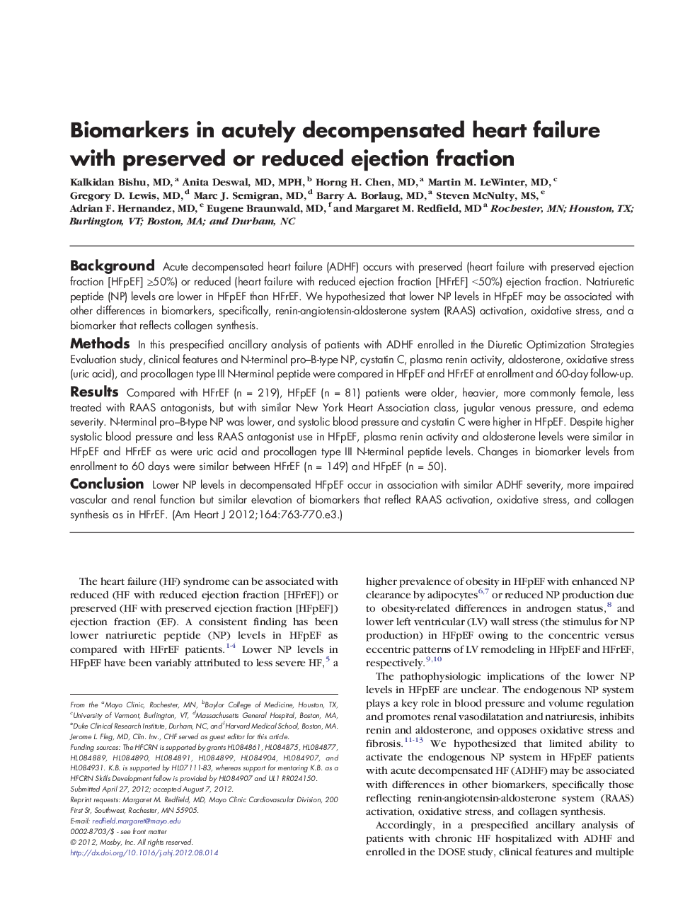 Clinical InvestigationCongestive Heart FailureBiomarkers in acutely decompensated heart failure with preserved or reduced ejection fraction