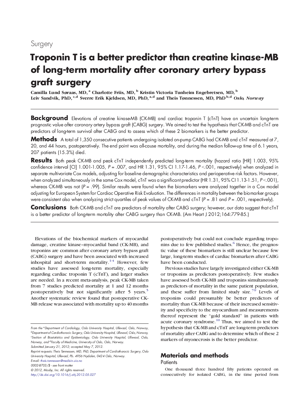 Clinical InvestigationSurgeryTroponin T is a better predictor than creatine kinase-MB of long-term mortality after coronary artery bypass graft surgery