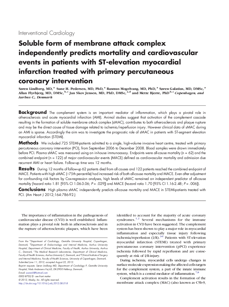 Soluble form of membrane attack complex independently predicts mortality and cardiovascular events in patients with ST-elevation myocardial infarction treated with primary percutaneous coronary intervention