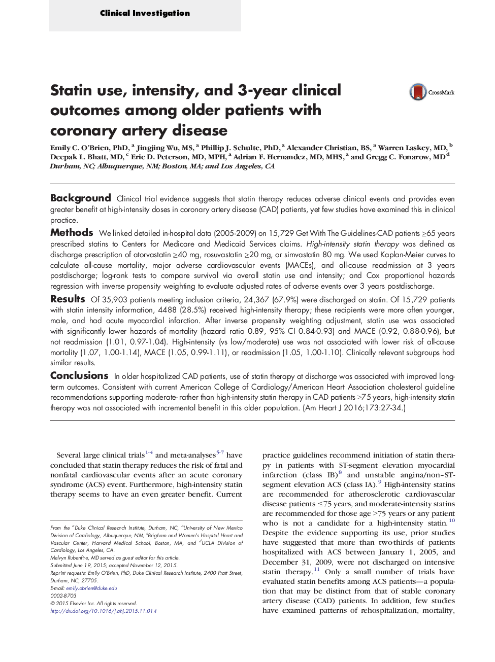 Statin use, intensity, and 3-year clinical outcomes among older patients with coronary artery disease