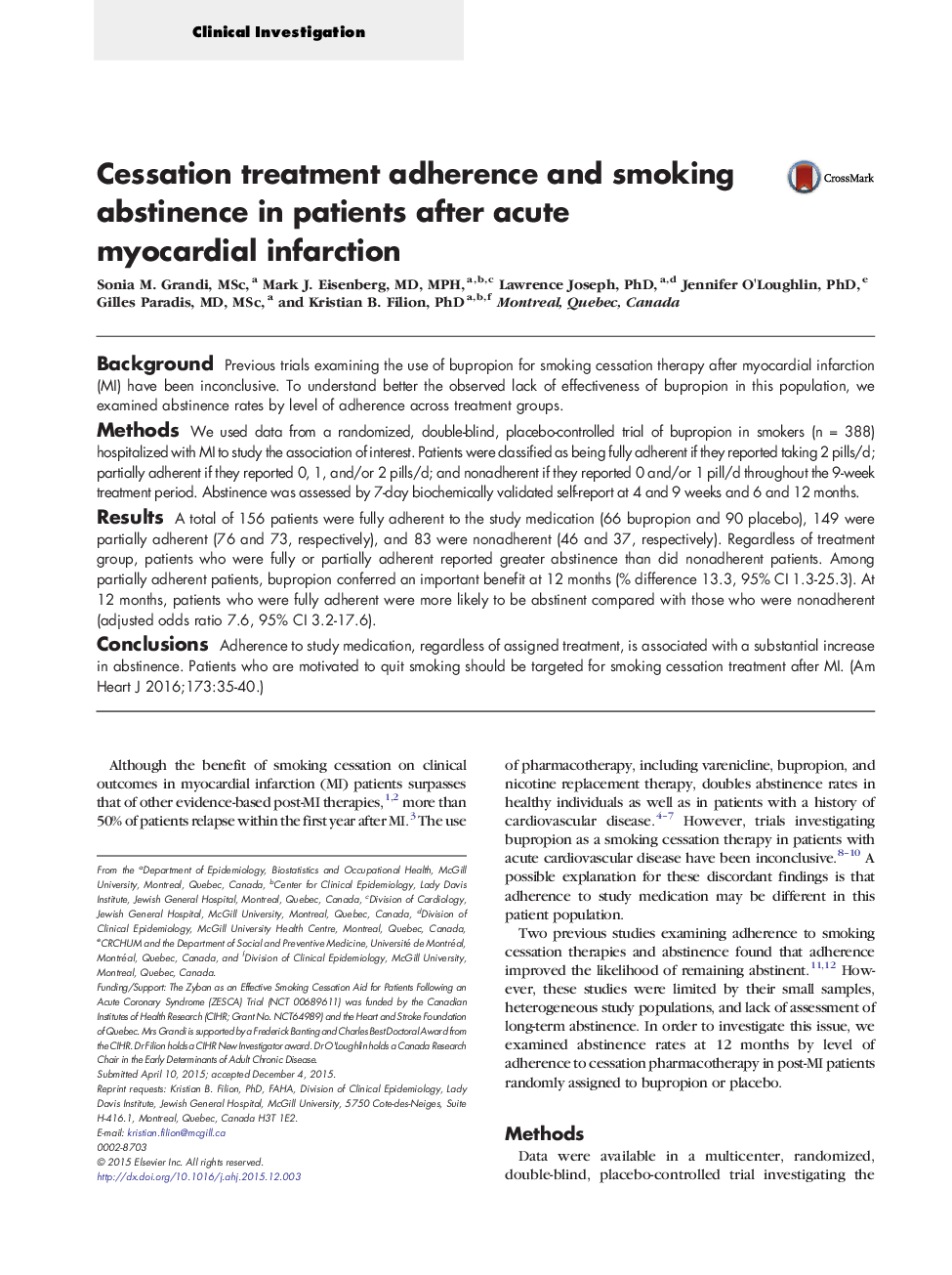 Cessation treatment adherence and smoking abstinence in patients after acute myocardial infarction