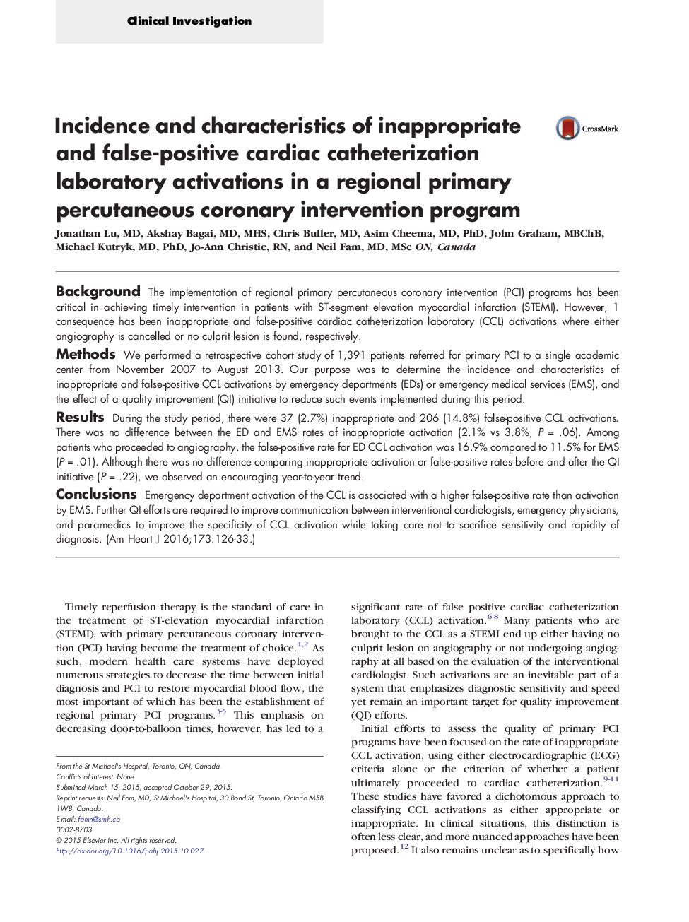 Incidence and characteristics of inappropriate and false-positive cardiac catheterization laboratory activations in a regional primary percutaneous coronary intervention program
