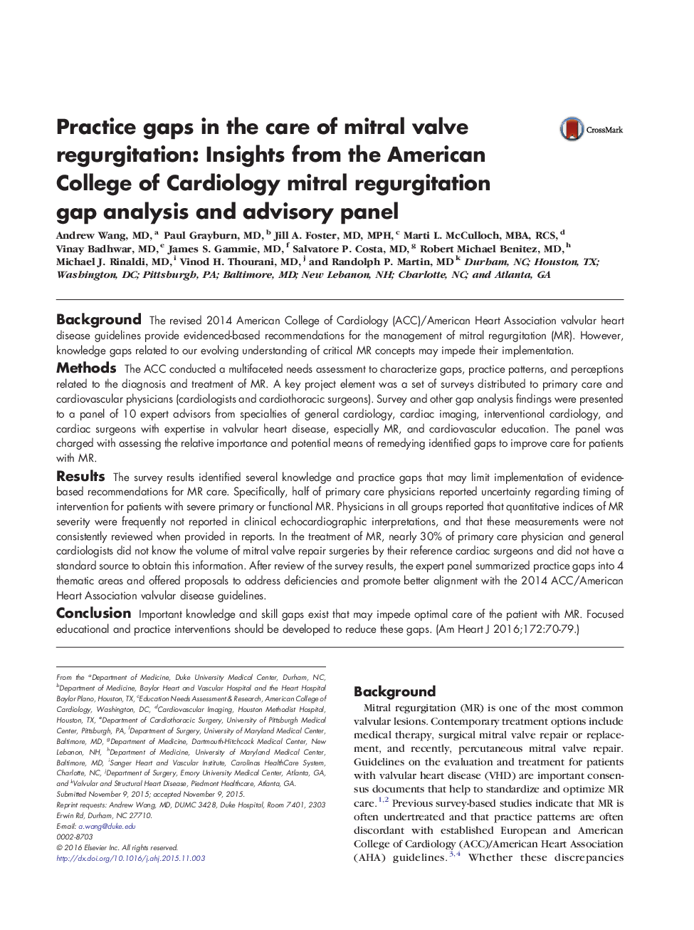 Practice gaps in the care of mitral valve regurgitation: Insights from the American College of Cardiology mitral regurgitation gap analysis and advisory panel