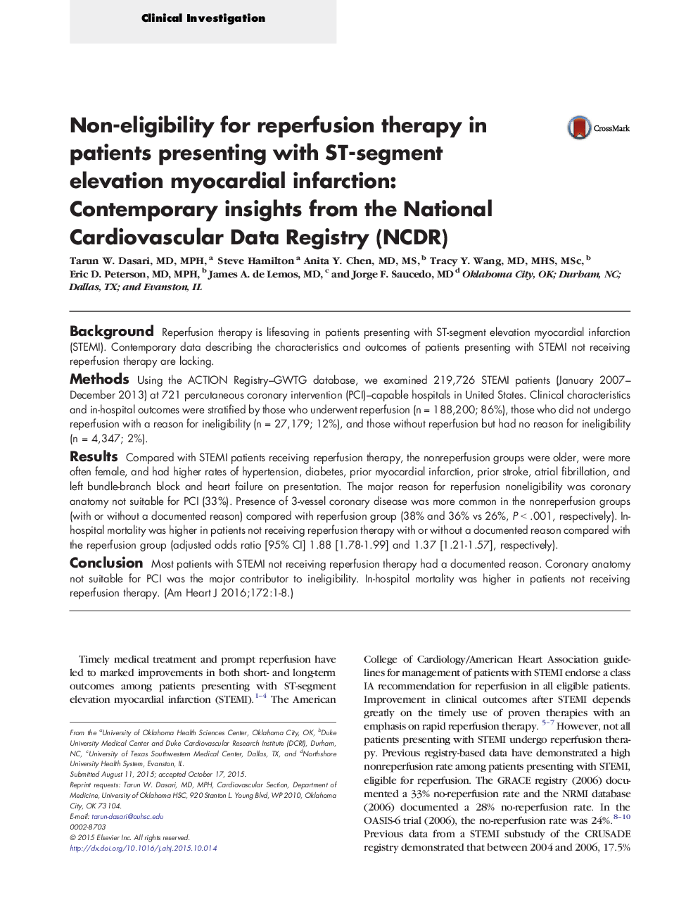 Clinical InvestigationNon-eligibility for reperfusion therapy in patients presenting with ST-segment elevation myocardial infarction: Contemporary insights from the National Cardiovascular Data Registry (NCDR)