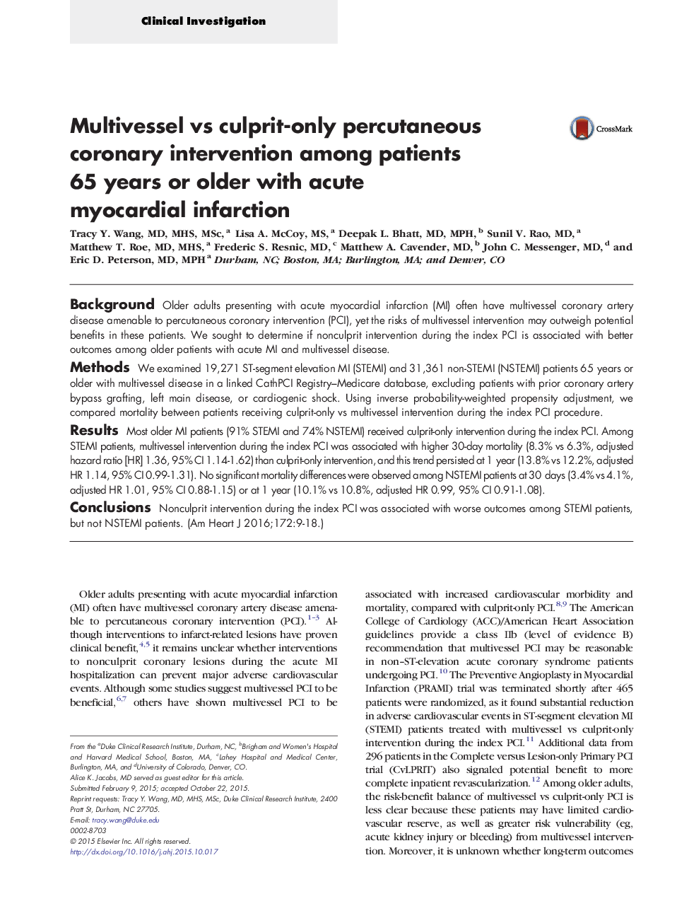 Multivessel vs culprit-only percutaneous coronary intervention among patients 65 years or older with acute myocardial infarction