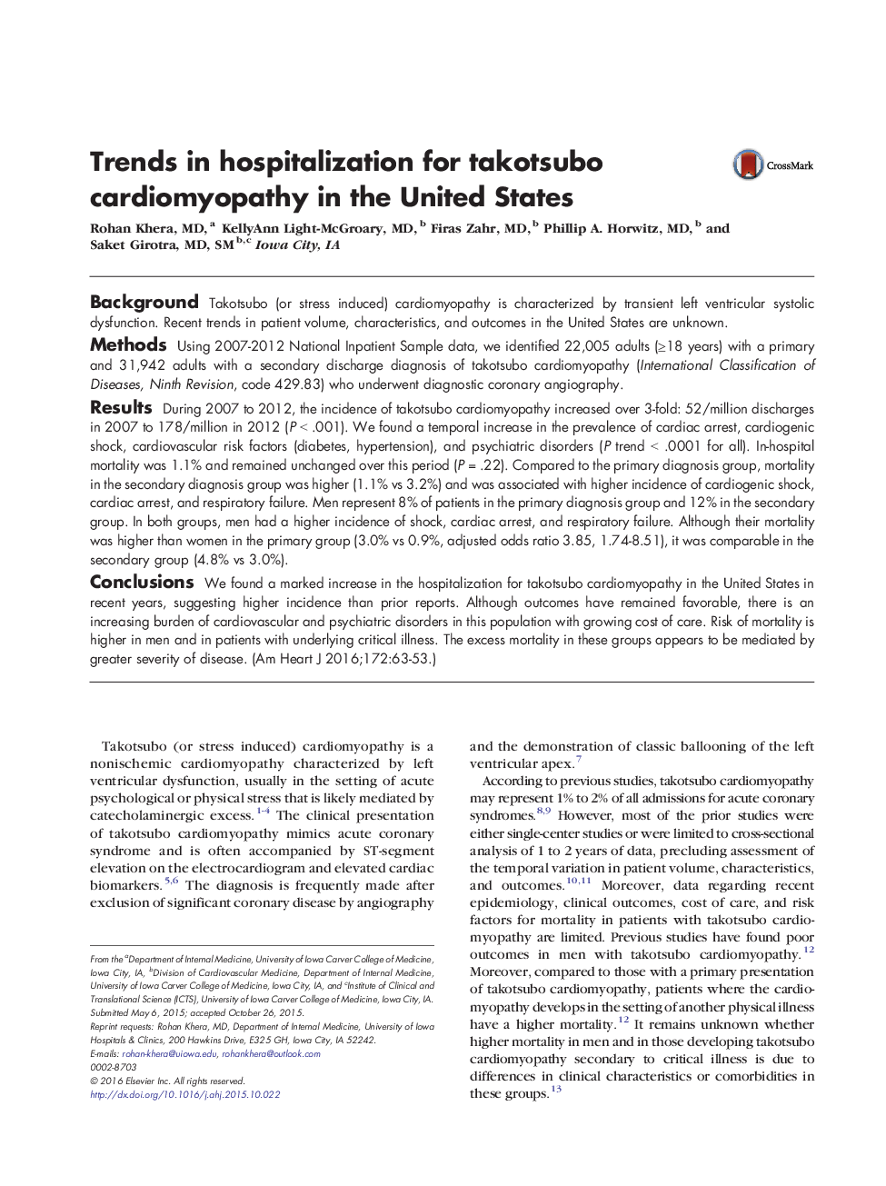 Trends in hospitalization for takotsubo cardiomyopathy in the United States