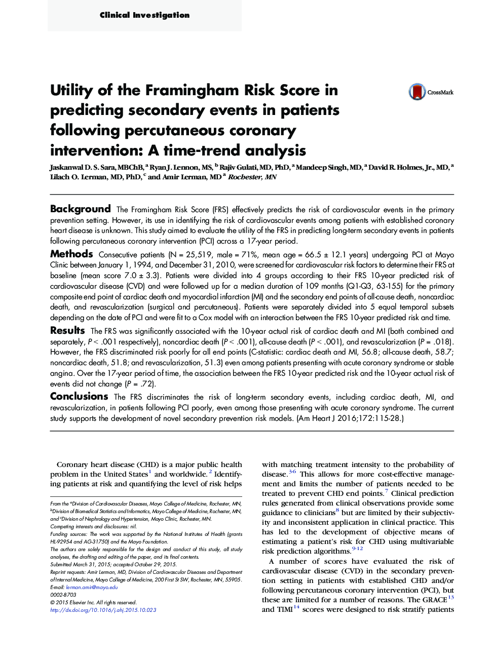 Clinical InvestigationUtility of the Framingham Risk Score in predicting secondary events in patients following percutaneous coronary intervention: A time-trend analysis
