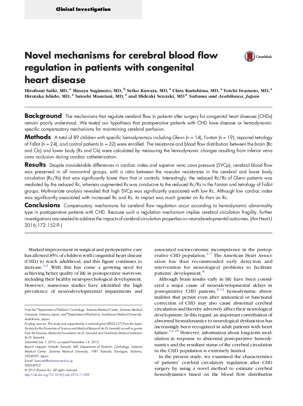 Clinical InvestigationNovel mechanisms for cerebral blood flow regulation in patients with congenital heart disease