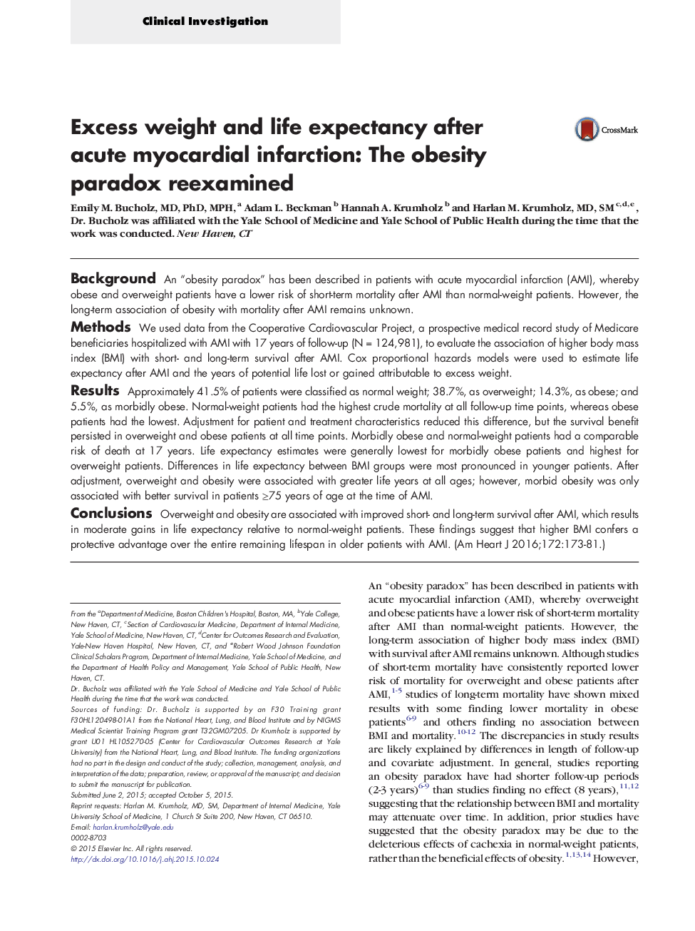 Excess weight and life expectancy after acute myocardial infarction: The obesity paradox reexamined
