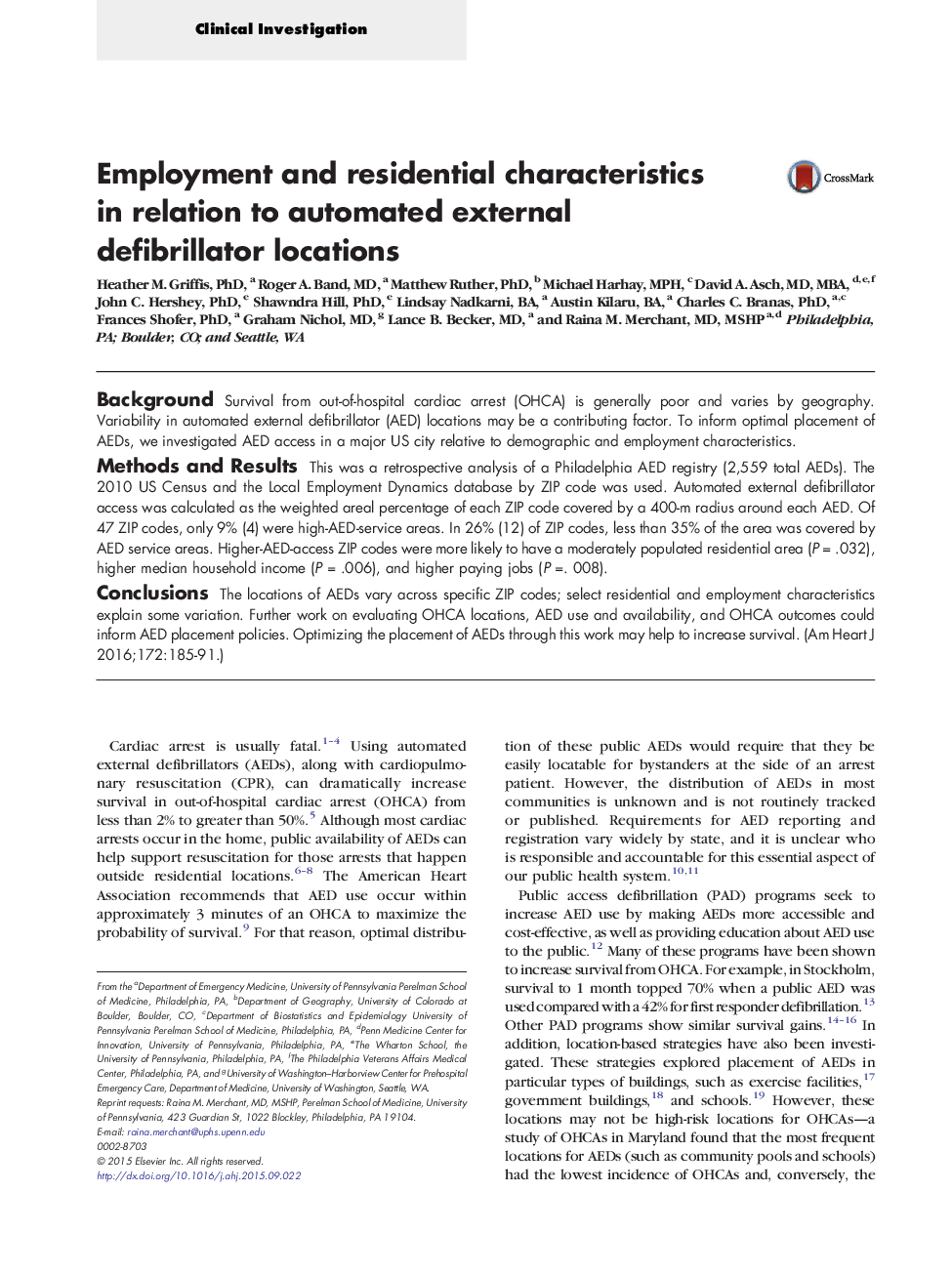 Employment and residential characteristics in relation to automated external defibrillator locations