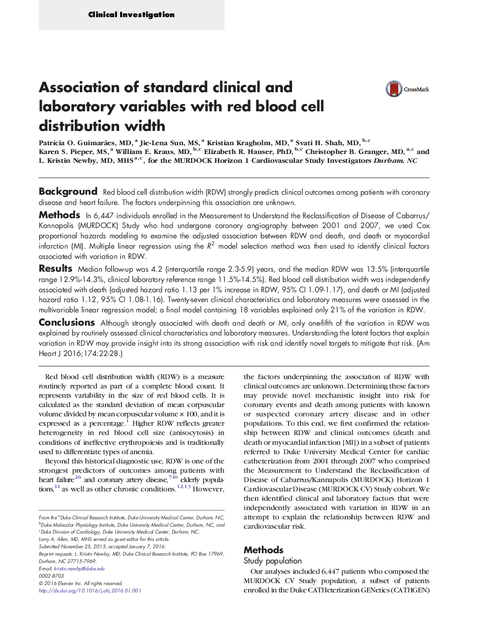 Association of standard clinical and laboratory variables with red blood cell distribution width