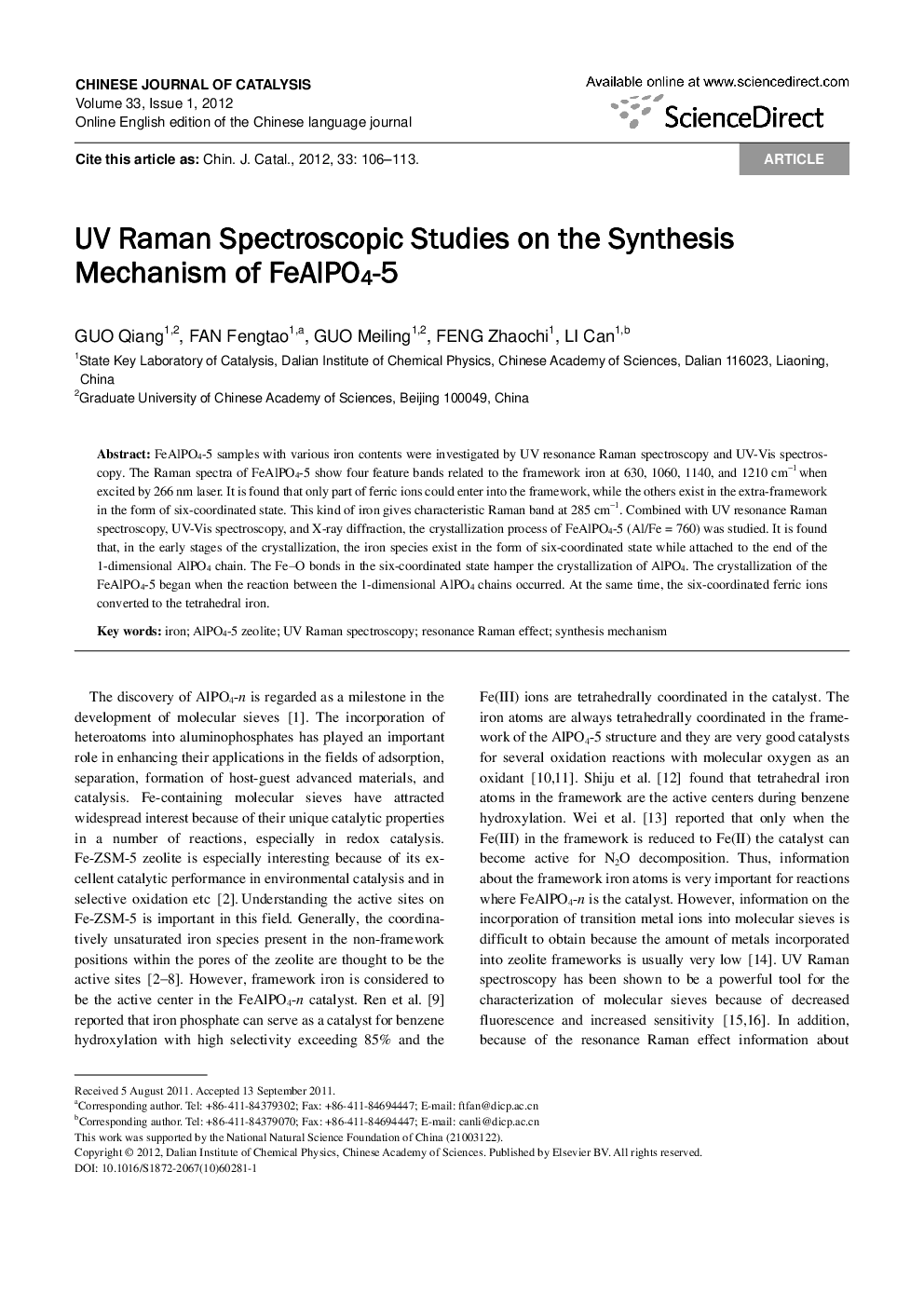 UV Raman Spectroscopic Studies on the Synthesis Mechanism of FeAlPO4-5 