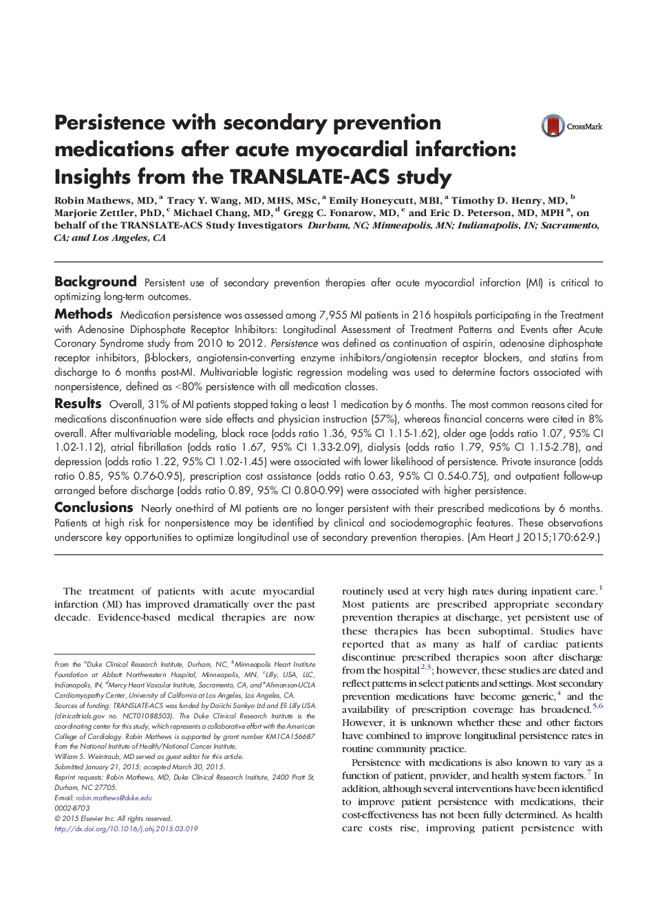Persistence with secondary prevention medications after acute myocardial infarction: Insights from the TRANSLATE-ACS study