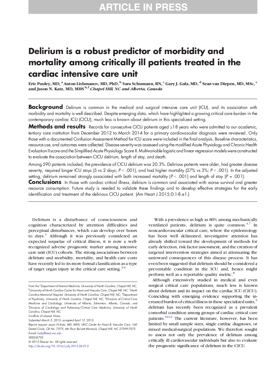 Delirium is a robust predictor of morbidity and mortality among critically ill patients treated in the cardiac intensive care unit