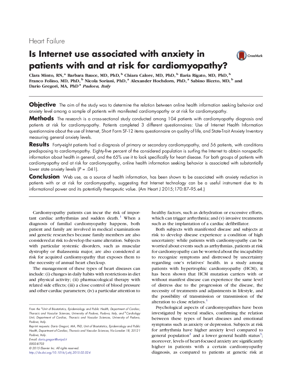 Clinical InvestigationHeart FailureIs Internet use associated with anxiety in patients with and at risk for cardiomyopathy?