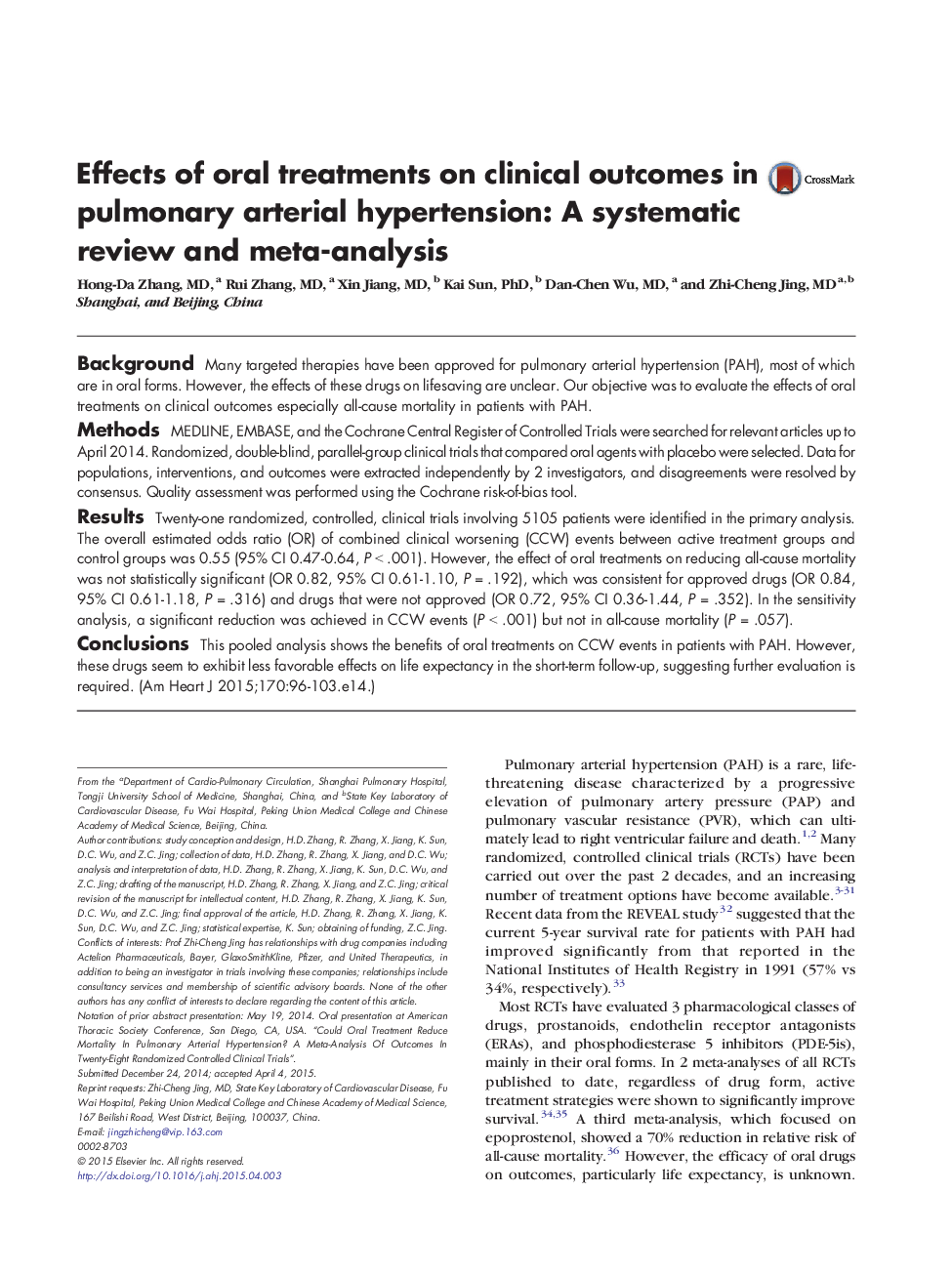 Clinical InvestigationHeart FailureEffects of oral treatments on clinical outcomes in pulmonary arterial hypertension: A systematic review and meta-analysis